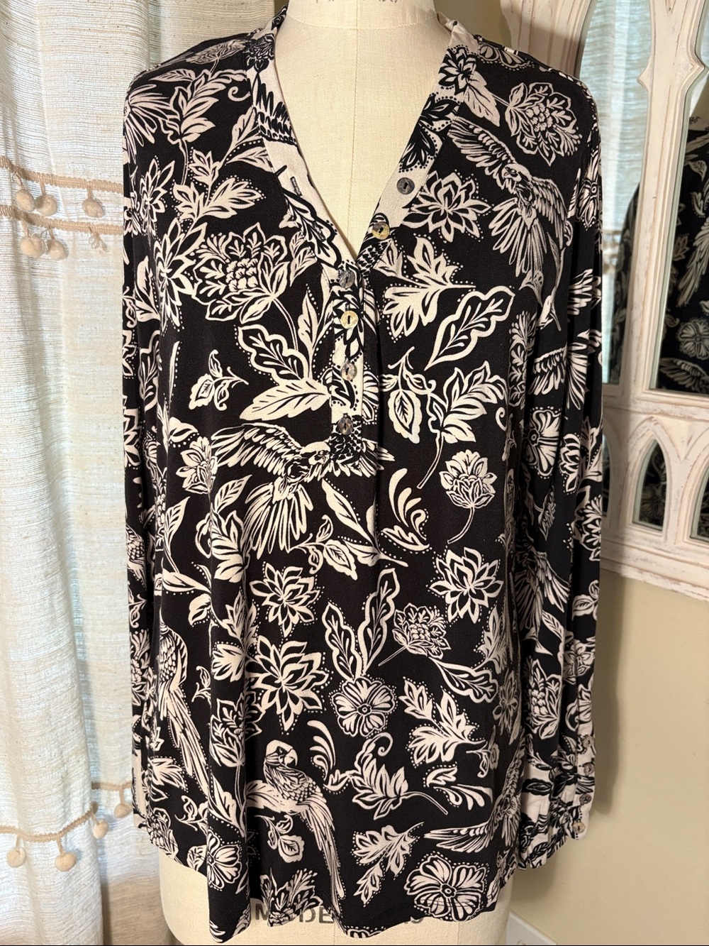 Johnny Was Black & White Floral Bird Henley Long Sleeve Top